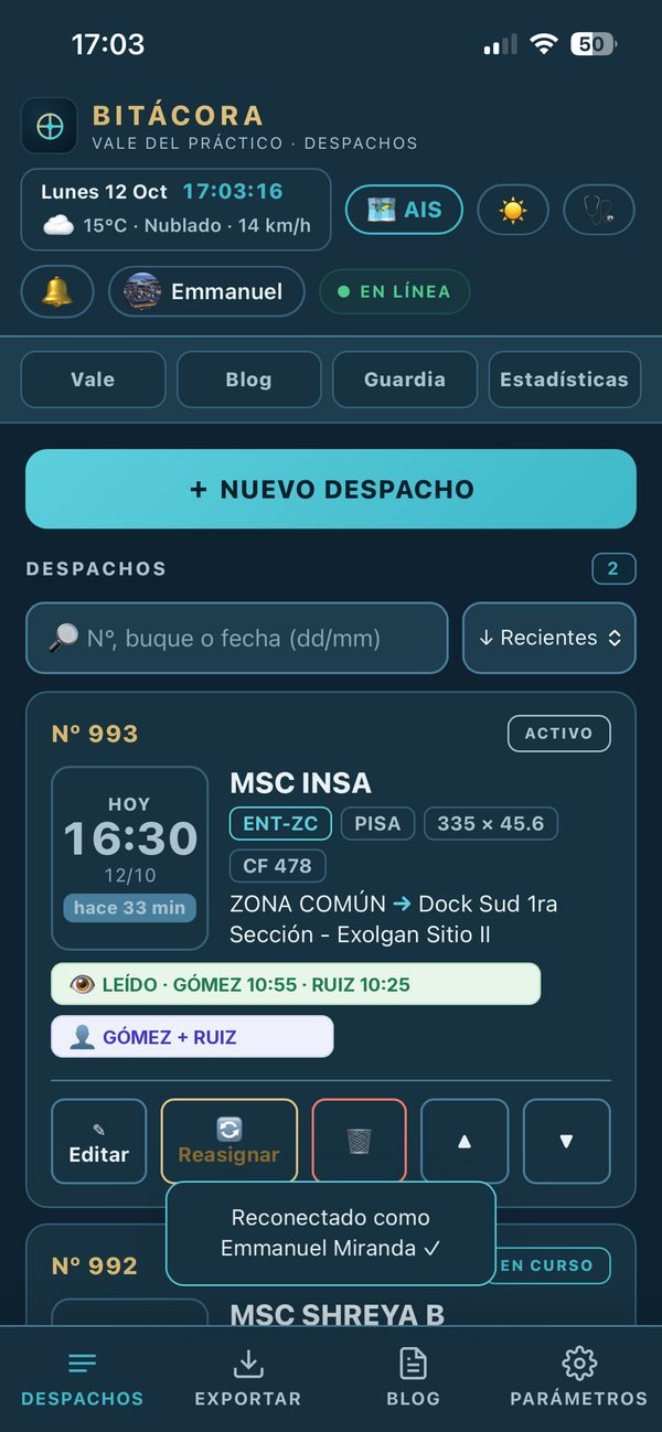 Bitácora: despachos del puerto en celular